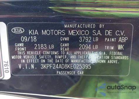 2019 Kia Forte Lxs from USA, damaged, VIN 3KPF24AD8KE025395